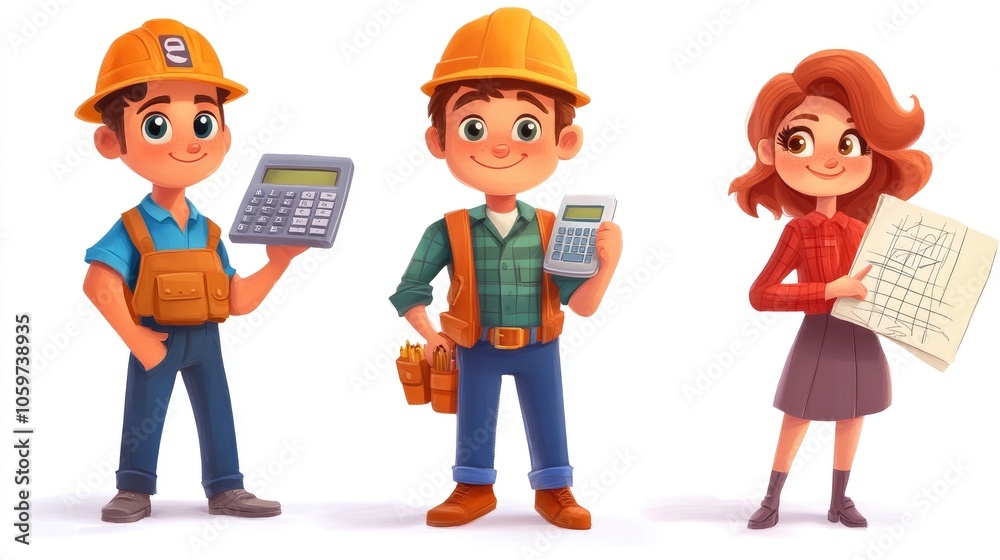 Fototapeta premium Colorful Cartoon Characters in Construction Attire