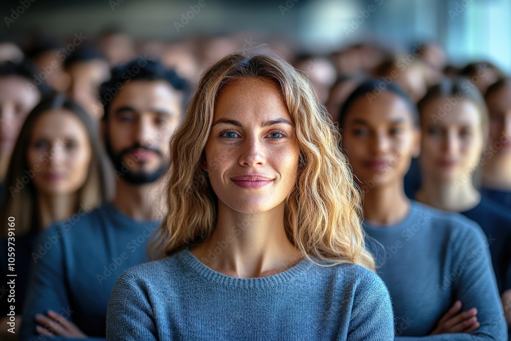 Obraz premium Leading with Confidence: A diverse group of people stand united, with a confident woman leading the way, symbolizing collective strength and unity. 