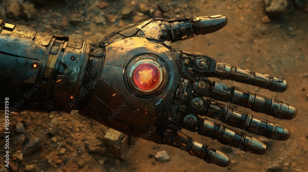 Fototapeta premium Gleaming Robot Hand Cradles Old Artifact