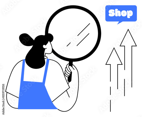 A woman in a blue apron holds a magnifying glass, examining something. Upward arrows indicate growth beside a blue speech bubble with the word Shop. Ideal for retail analysis, business growth