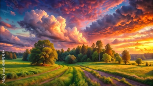 Vibrant Landscape of Verdant Fields and Romantic Sunset Clouds in Emotive Impressionism