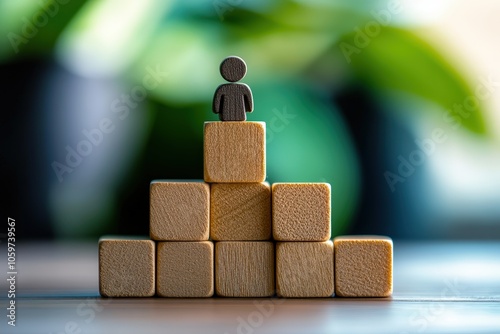 Climbing the Ladder of Success: A symbolic image of a tiny wooden figure standing atop a pyramid of blocks, representing growth, achievement, and reaching the top.   photo