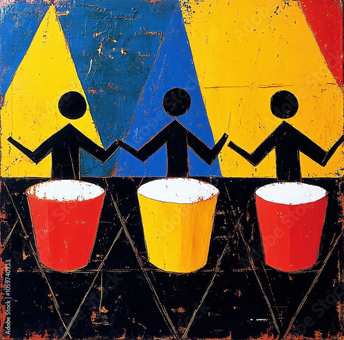 Modern Warli art from India in bright colors of threee people with drums on a textured background.. photo