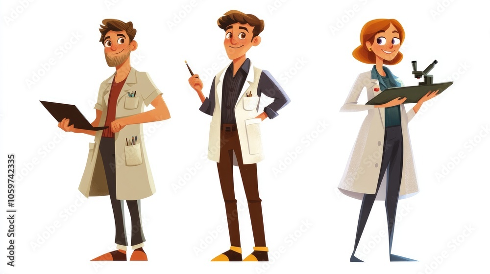 Cartoon Trio of Scientists in Lab Coats Cartoon Trio of Scientists in Lab Coats