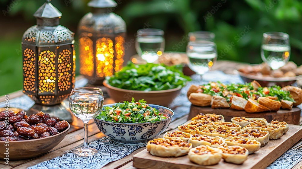 Fototapeta premium Festive Middle Eastern Table Setting with Dates, Salads, and Lantern