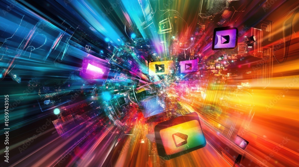 Digital streaming channels on vibrant background, web and TV video ...