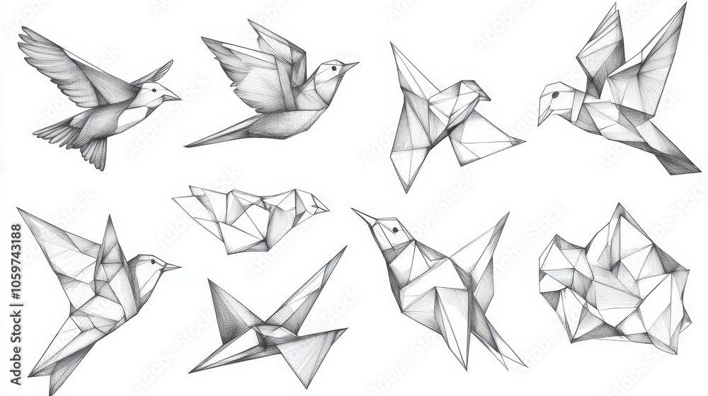 Fototapeta premium Geometric Bird Illustrations in Freehand Sketch Style