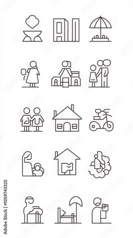 Set of Minimalistic Line Icons Representing Family, Home, and Leisure Activities Set of Minimalistic Line Icons Representing Family, Home, and Leisure Activities