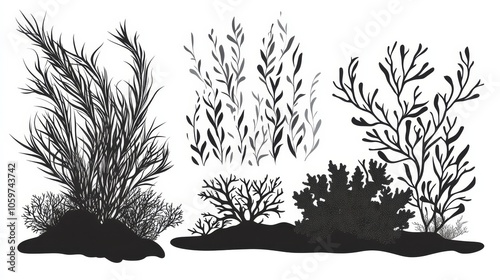 Silhouette Collection of Aquatic Plants and Seaweeds