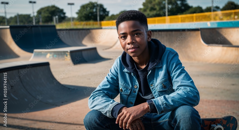 Fototapeta premium African Teen Boy with Short Hair in Casual Outfit at Skate Park Vintage Portrait