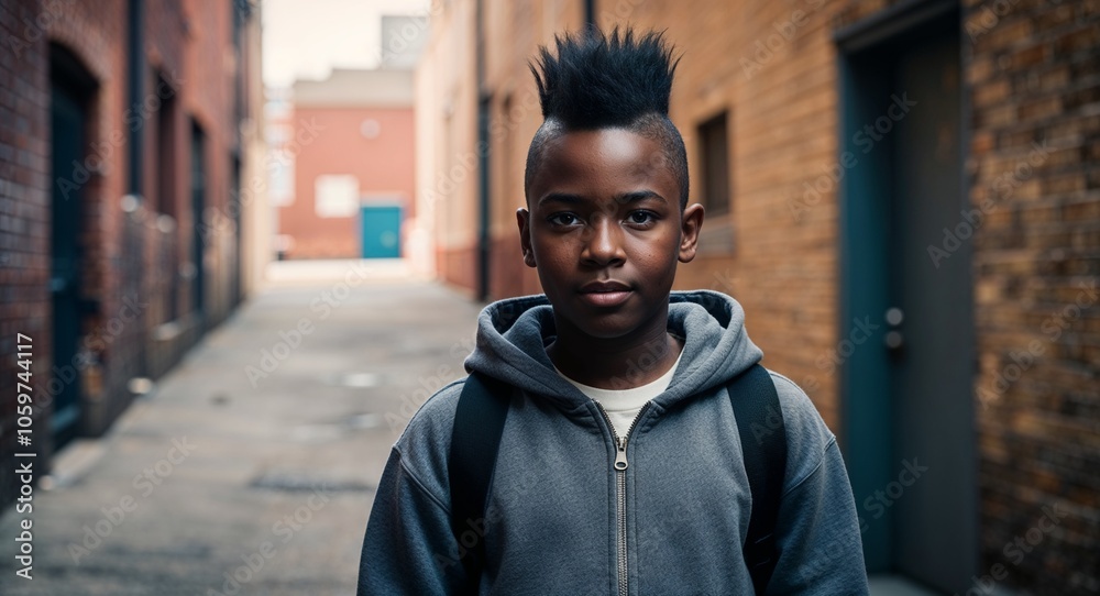 Obraz premium African Teen Boy with Mohawk in Casual Hoodie in Urban Alley Vintage Portrait