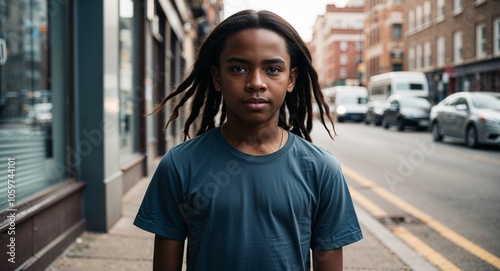 African Teen Boy with Long Hair in Relaxed Fit Tee near City Street Vintage Portrait