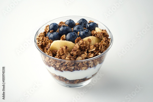 Bowl of granola with blueberries and bananas on a wooden table, with a spoon and a glass of juice beside it, creating a healthy breakfast scene.