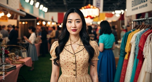 Wallpaper Mural Asian Young Woman with Long Hair in Retro Dress at Vintage Fair Retro Portrait Concept Torontodigital.ca