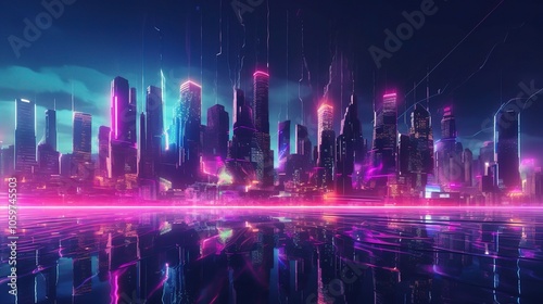 Futuristic Cityscape with Neon Lights Reflection photo