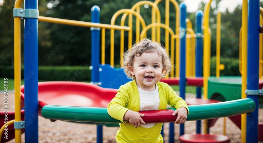 Fototapeta premium Caucasian Toddler with Curly Hair in Bright Outfit on Playground Equipment Vintage Portrait