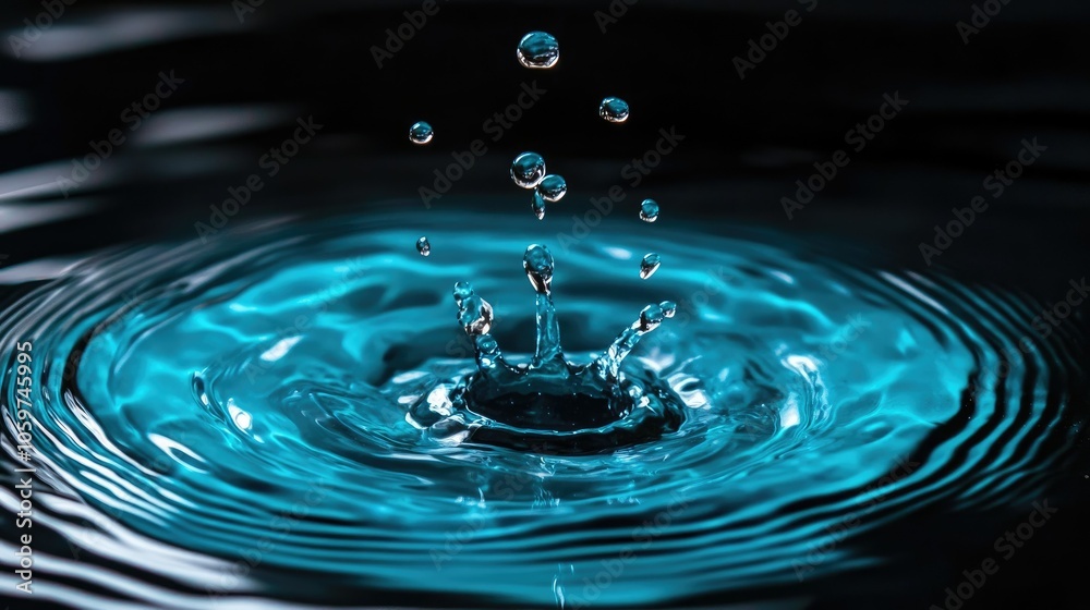 Turquoise blue water splash on black, dynamic motion with high contrast, water droplets in suspended motion Turquoise blue water splash on black, dynamic motion with high contrast, water droplets in suspended motion