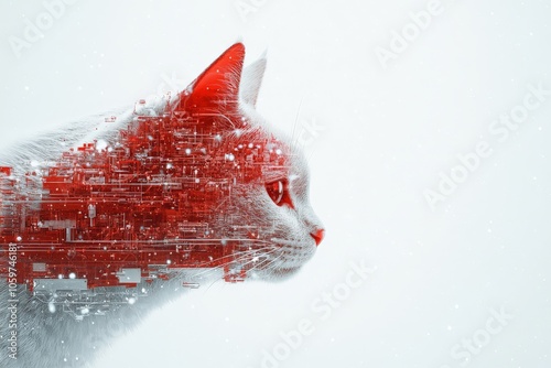 A futuristic image blends a cat's profile with intricate circuitry, symbolizing the melding of organic life with advanced technology in a sleek, modern style. photo