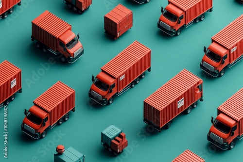 Several red trucks carrying containers are positioned on a teal backdrop, representing heavy freight transport and industrial shipping operations. photo