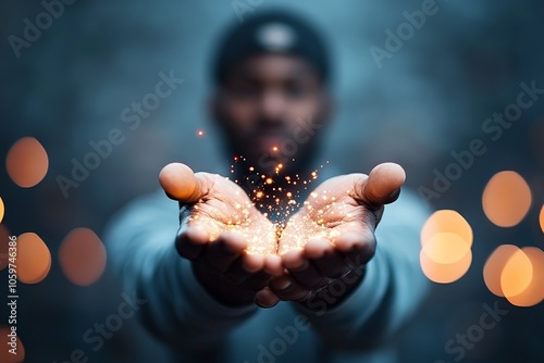 A pair of hands, extended forward, are cupping shimmering sparks, evoking a sense of wonder and creativity within an atmosphere of magic and possibility.