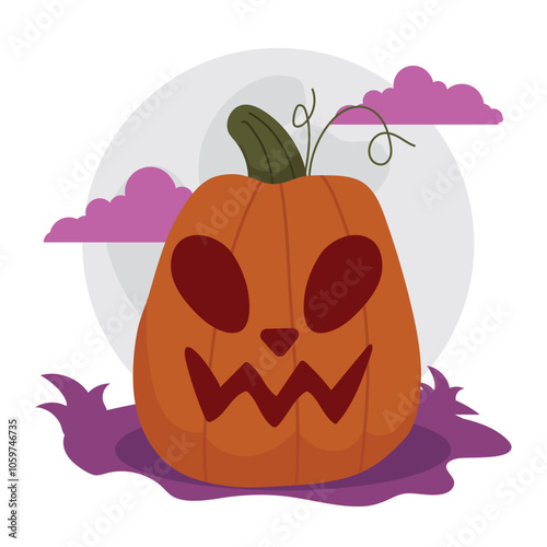 Scary jack-o -lantern pumpkin with full moon, Vector