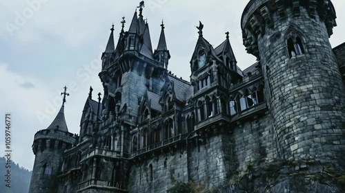 A grand, gothic castle with intricate towers and stonework, set against a cloudy backdrop.