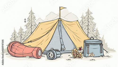 A comprehensive collection of outdoor camping essentials including a tent, sleeping bag, flashlight, and cooking gear, arranged neatly on a white background. This image conveys the spirit of adventure