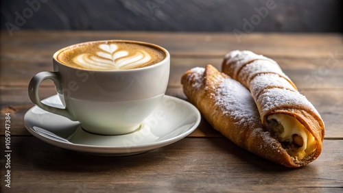 Freshly prepared Sicilian cannoli and a cup of cappuccino on a cafe table