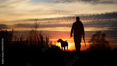 hunter with dog at sunset