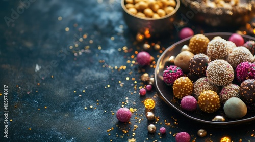 Traditional Indian candy like laddoos and small sweets on festive background, ample copy space