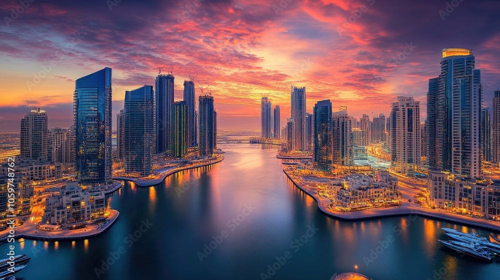 Obraz premium Unique architecture of Dubai Marina skyscrapers, open space for copy