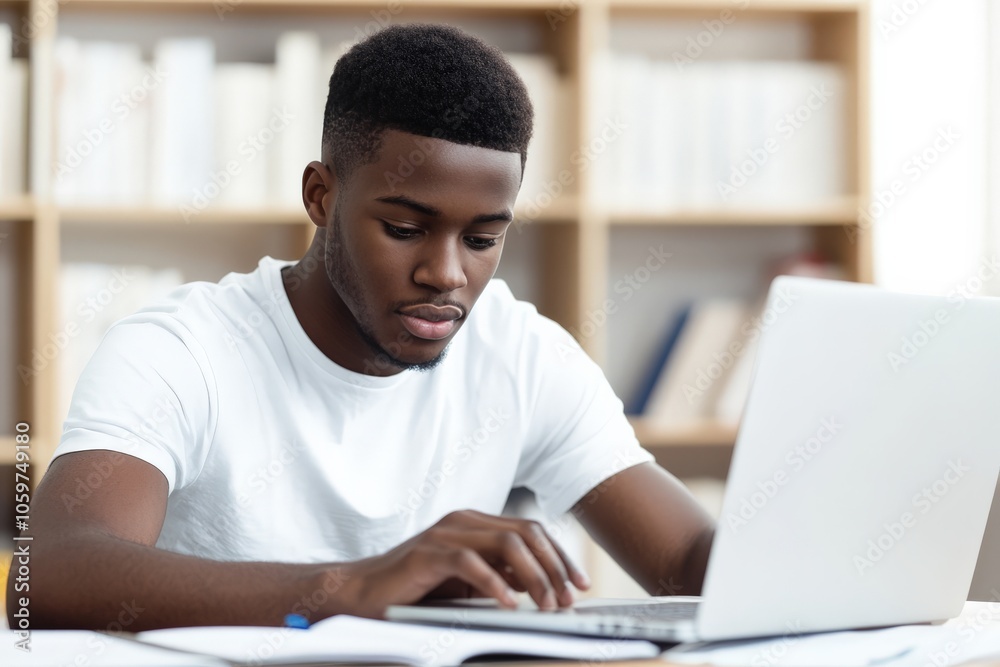 A young student concentrates on a laptop while seated at a desk in a home library, conveying focus, learning, and the pursuit of education in a modern setting. A young student concentrates on a laptop while seated at a desk in a home library, conveying focus, learning, and the pursuit of education in a modern setting.