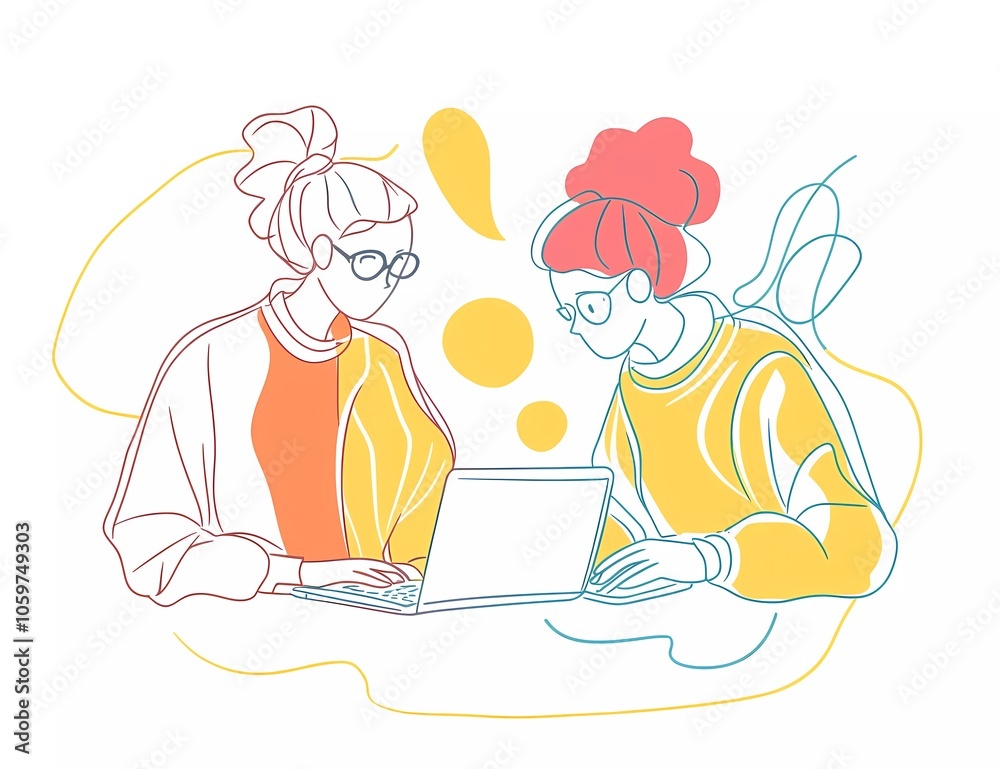 One-line drawing style, two people working together on a laptop computer, simple drawing, vector illustration, white background