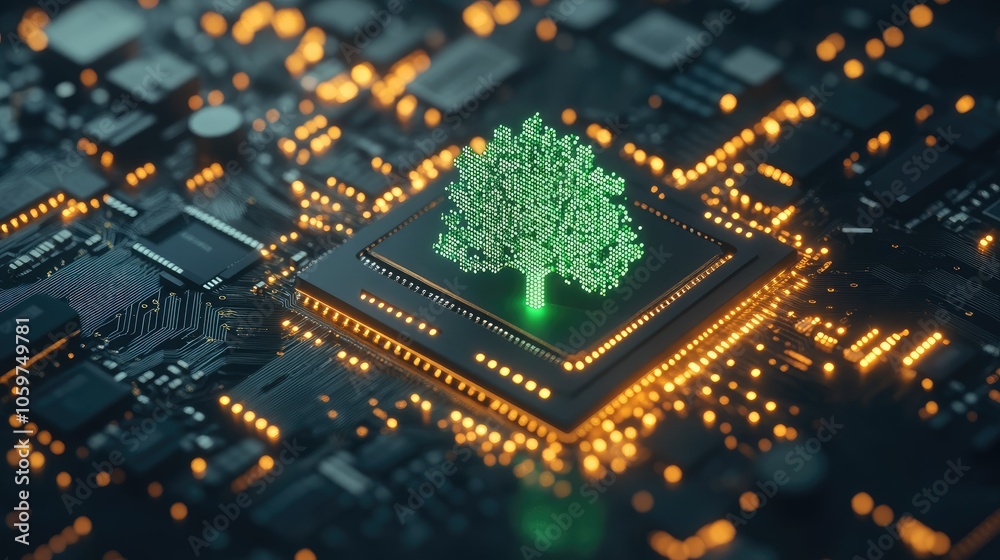 Obraz premium Computer circuit board with a glowing green tree icon, capturing the concept of sustainable tech innovation