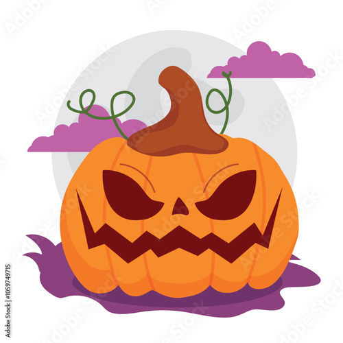 Evil jack-o -lantern pumpkin with crooked stem, Vector