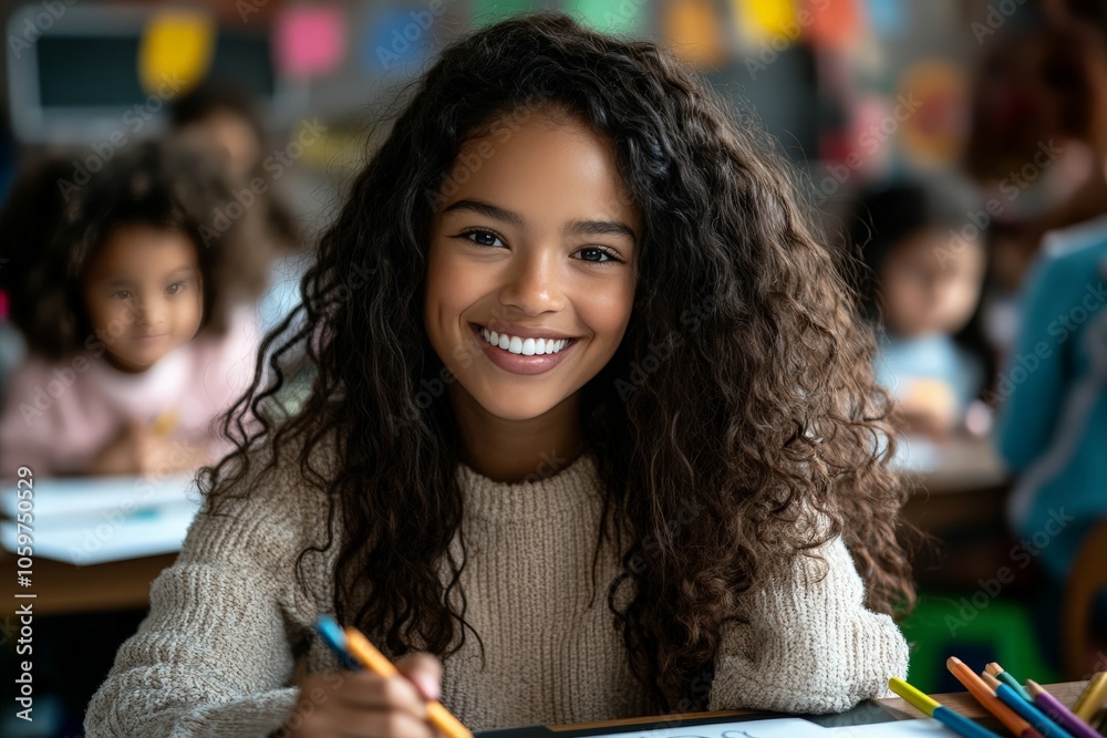 A young girl with curly hair smiling while drawing in a classroom ...