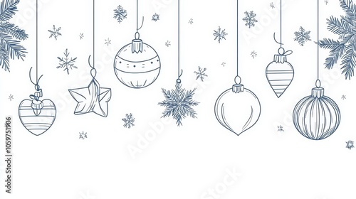 Hand-Drawn Christmas Ornaments and Snowflakes in Blue