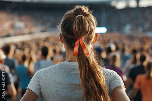 A poised female athlete stands confidently before an enthusiastic stadium crowd, donning a ponytail and ribbon, ready to compete in an uplifting sports event. photo