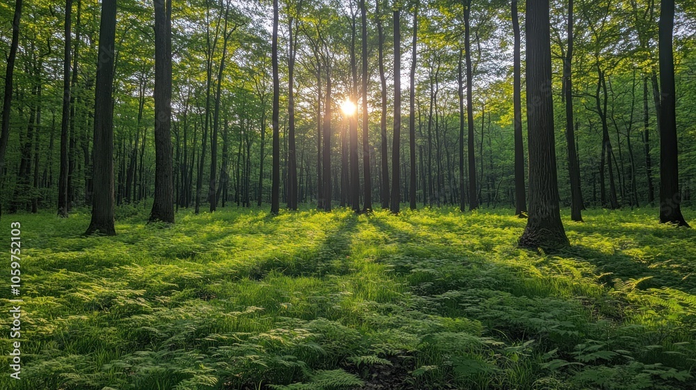 Fototapeta premium Sunbeams Through Tall Trees in a Lush Forest
