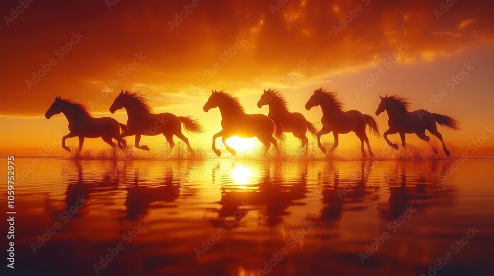 Obraz premium A herd of horses runs through the water at sunset, their silhouettes outlined against the vibrant orange sky.