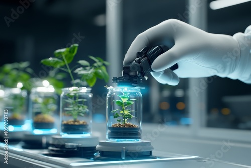 A robotic arm carefully tends to a plant in vitro, highlighting technological advancements in mechanized agriculture and the intersection of robotics with biology. photo