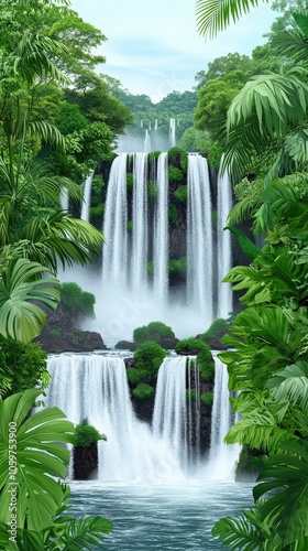 Lush Jungle Waterfall Amidst Verdant Tropical Foliage with Cascading Water in Serene Nature Landscape Offering Tranquil Escape and Exotic Adventure Background photo