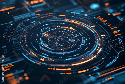 Wallpaper Mural A visually striking image of a futuristic digital interface, featuring a circular glowing design that encapsulates modern technology with intricate patterns and networks. Torontodigital.ca