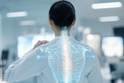 A futuristic digital overlay of a human spine visible on a doctor, showcasing the seamless integration between medical technology and human anatomy. photo