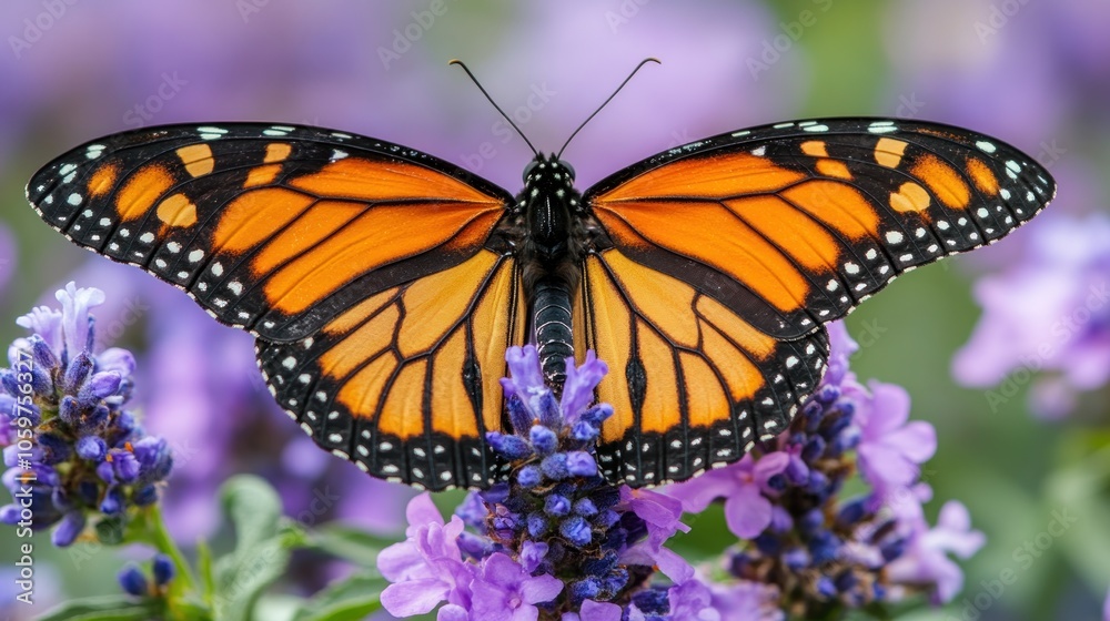 Naklejka premium Monarch Butterfly Perched on Lavender Blossoms