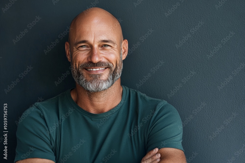 Obraz premium A bald man with a welcoming smile, wearing a green shirt and standing with his arms crossed, communicating friendliness and open-mindedness against a textured wall.