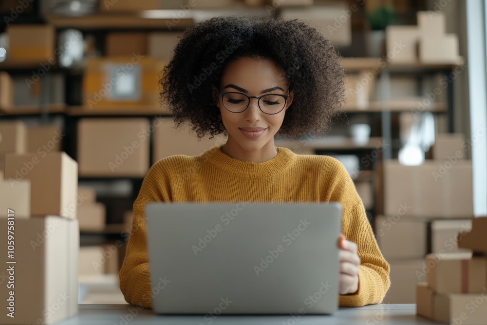 A young woman in a modern warehouse checks her laptop, exuding professionalism and mastery of her work environment, surrounded by neatly stacked boxes. A young woman in a modern warehouse checks her laptop, exuding professionalism and mastery of her work environment, surrounded by neatly stacked boxes.