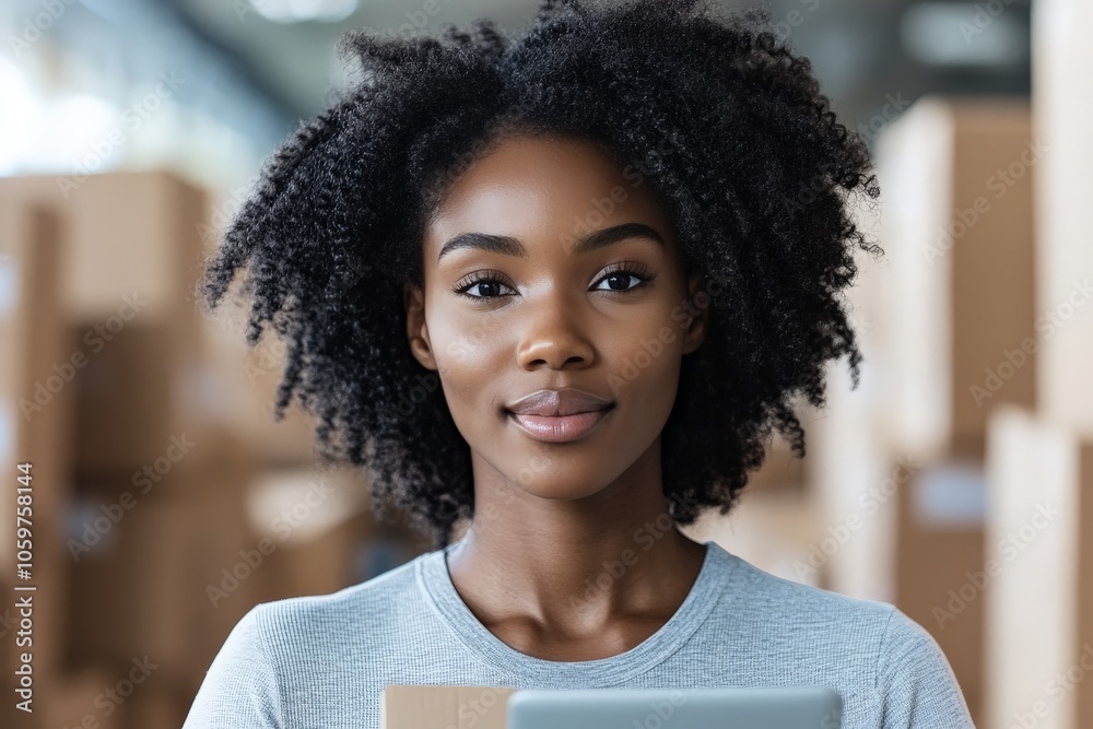 Fototapeta premium A woman with natural curly hair is standing in a warehouse setting, holding a package and gazing softly at the camera, exuding confidence and positivity.