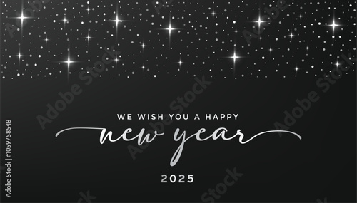 Happy New Year 2025 with silver stars and sparkles
