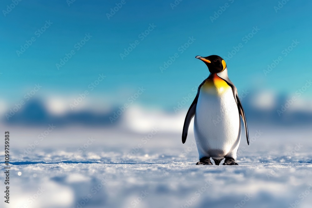 Obraz premium Penguin standing on snow, clear blue sky in the background.